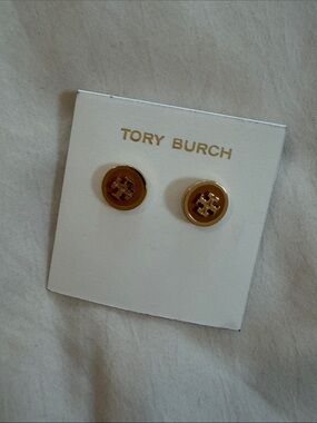 Tory Burch Gold Logo Round Button Stud Earrings